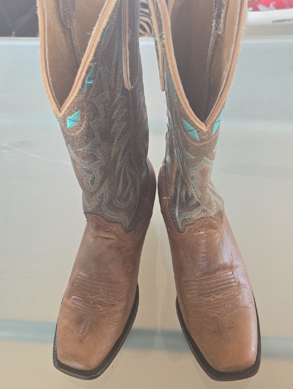Brown Leather Heeled Cowboy Boots with Turquoise Stitching